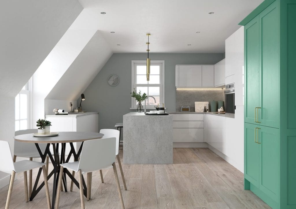 Strada Gloss White And Aldana Cms Green Main Shoot Rgb | Aristocraft Kitchens