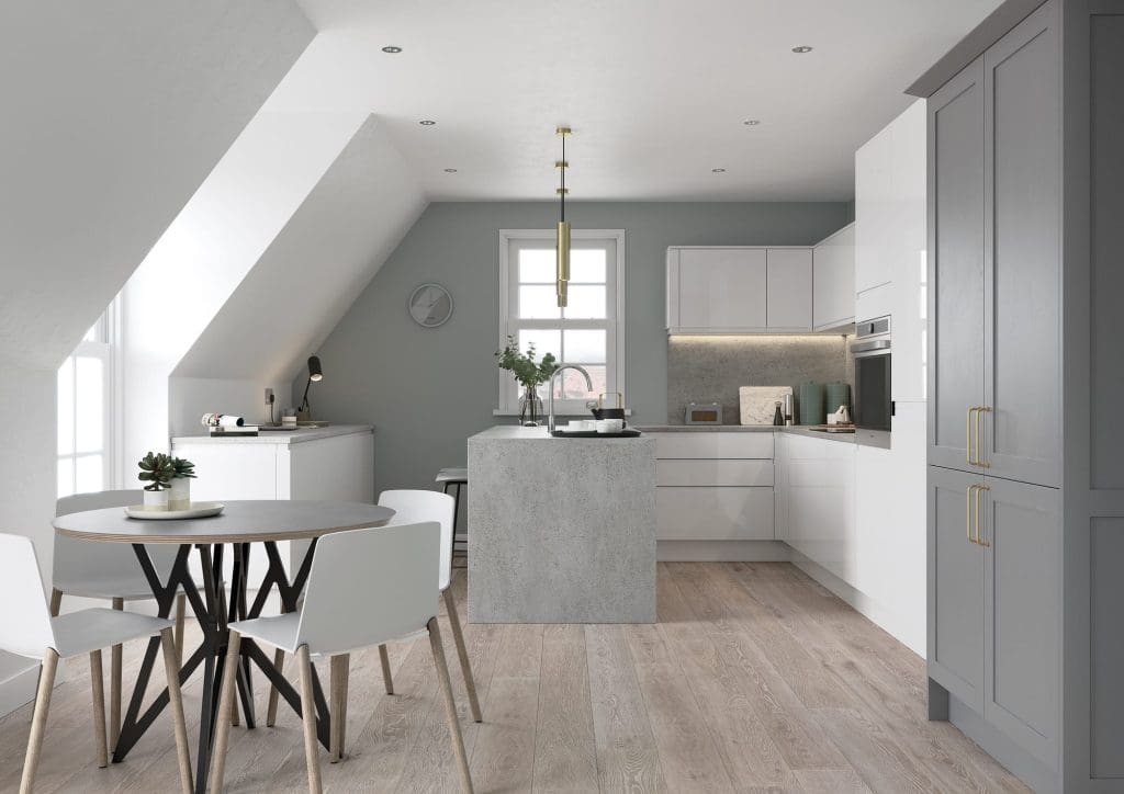 Strada Gloss White And Aldana Dust Grey Main Shoot Rgb | Aristocraft Kitchens