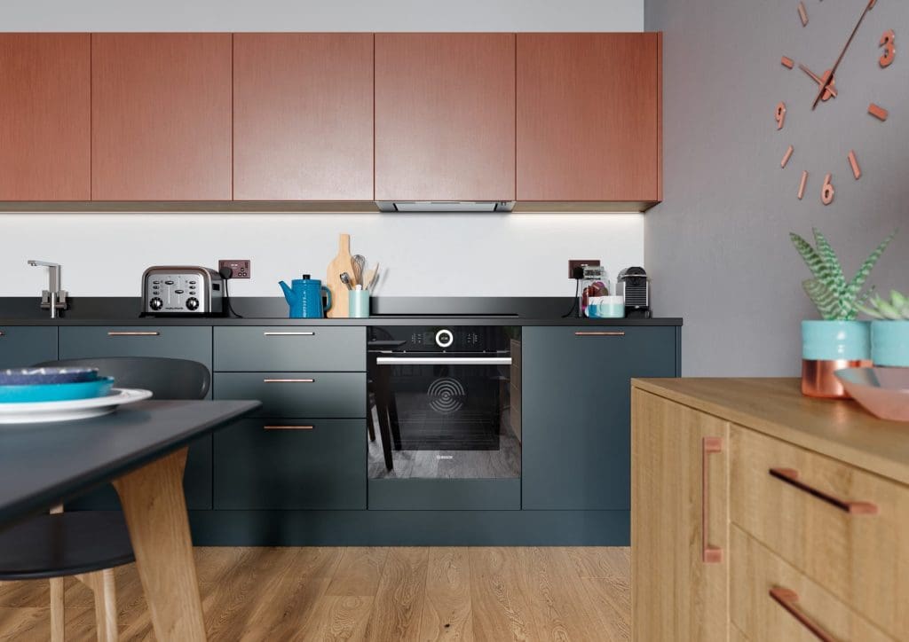 Zola Matte Marine And Ferro Copper With Rezana Light Oak Cameo 6 Rgb | Aristocraft Kitchens