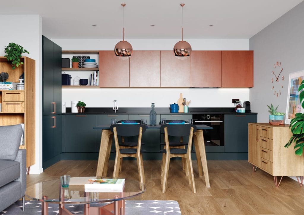 Zola Matte Marine And Ferro Copper With Rezana Light Oak Main Shoot Rgb | Aristocraft Kitchens