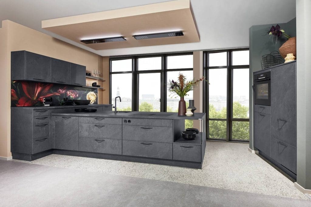 Nobilia Dark Modern Concret Stone Kitchen | Aristocraft Kitchens