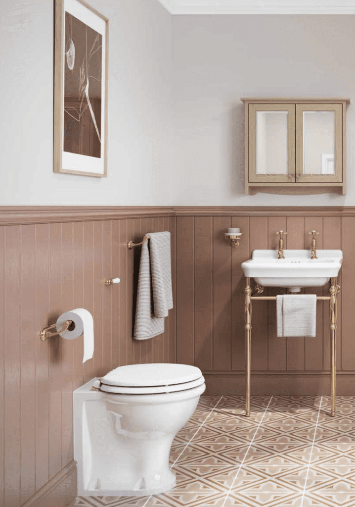 560 Washstand With Gold Pillar Taps Back To Wall Wc And Mirrored Cabinet | Aristocraft Kitchens