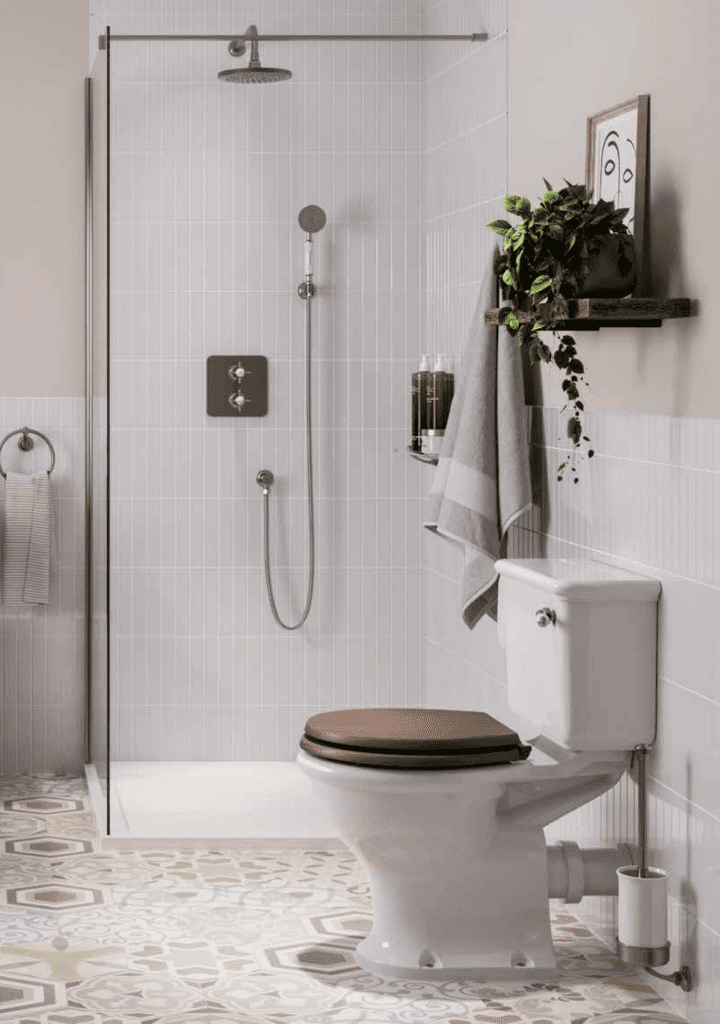 Close Coupled Toilet With Dark Oak Seat Dual Outlet Shower | Aristocraft Kitchens