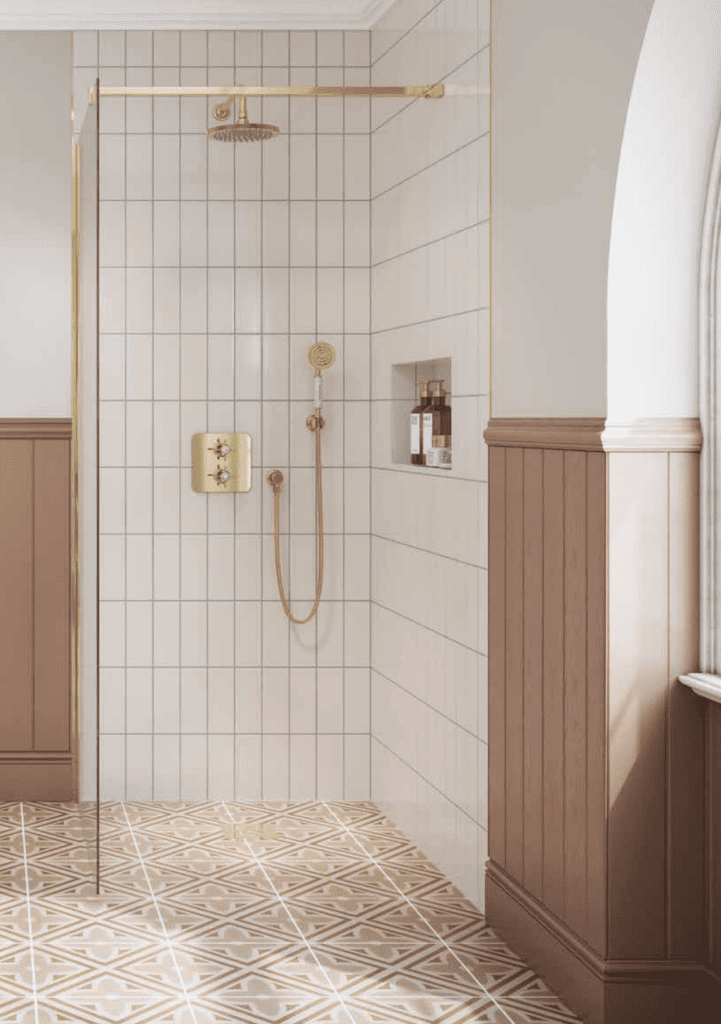 Square Thermostatic Dual Outlet Concealed Shower Valve Fixed Shower Arm And Head Holder And Handset With Hose In Gold | Aristocraft Kitchens