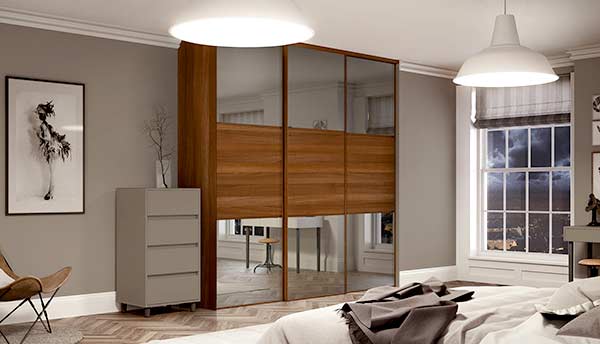 Contemporary Sliding Door Wardrobe Mirror And Walnut | Aristocraft Kitchens